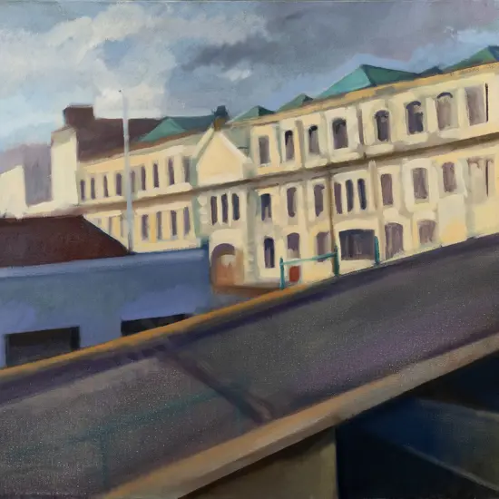 Els Noordhof 1989 - unsigned, boxed oil on canvas "Vogel Street Wool Stores" H-560 W-710