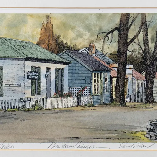 Peter Leitch - framed hand coloured print - "Autumn Cottages Arrowtown" H-145 W-220