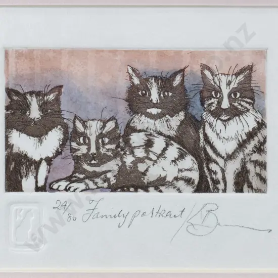 Karen Burrows 2008 - framed ltd edtion coloured etching 24/80 "Family portrait" H-70 W-120