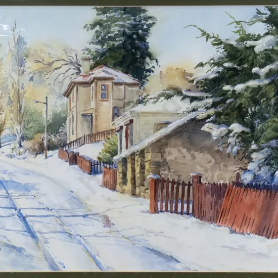 Ian Smith - mounted watercolour "St Bathans Winter" H-230 W-350