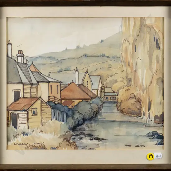 Lindsay Jolly - framed ink and watercolour "The Leith" H-250 W-300