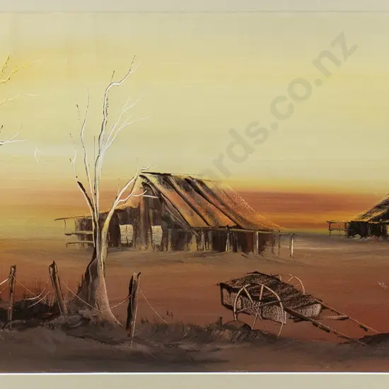 RJ Gregor '89 - framed oil - Outback buildings (slight creasing to canvas)  H-330 W-720