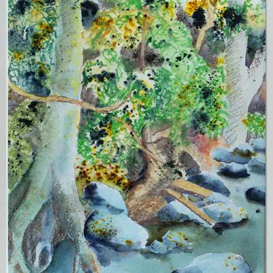 JK Weir - framed mixed media - tree and stream scene H-390 W-190