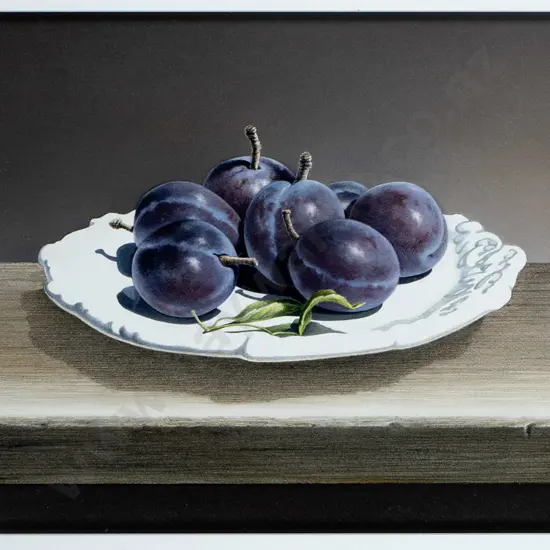 Karen Baddock - framed oil - still life plums H-270 W-500