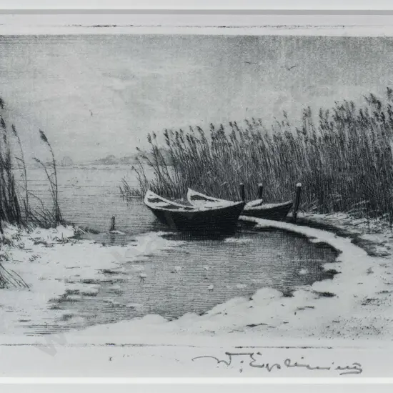 illegible signature - framed etching - boats H-90 W-120