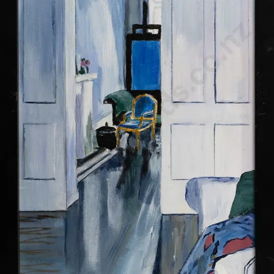 Jane Duncan - framed acrylic and varnish - view through door way H-290 W-220