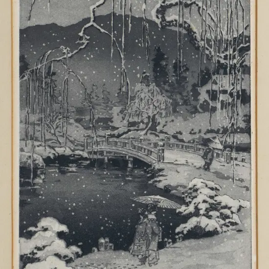 unknown artist crica 1920's  - mounted artist's proof print - 2 geishas in the snow- H-260 W-170