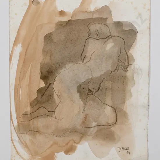 Lindsay Crooks '94 - mounted mixed media on card - nude (foxing) H-260 W-200