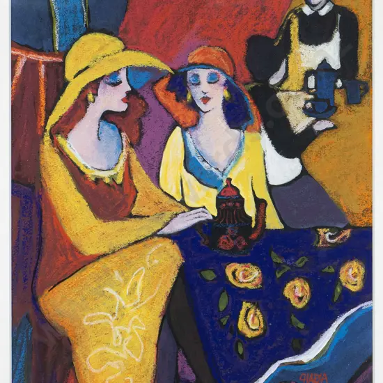 Chiara? McAlpine - framed mixed media - ladies at table H-350 W-250