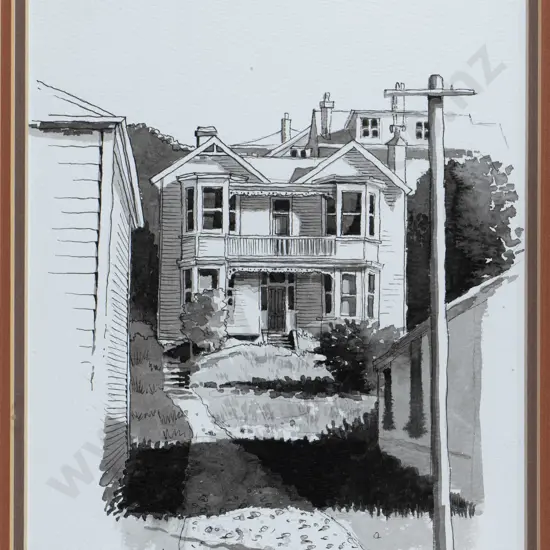 John Husband 1990 - framed ink and watercolour  "George Street Dunedin H-235 W-190