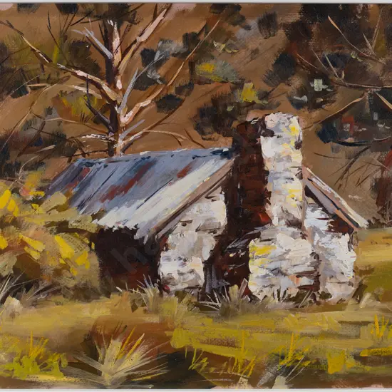 McKenzie 1965 - framed oil " Stone Hut - Afternoon Sun, Central Otago" H-290 W-390