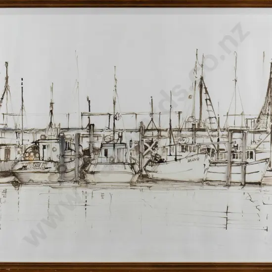 Clark Esplin - framed watercolour - "Boats in Harbour" slight foxing H-320  W-580