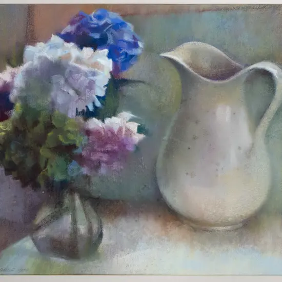 Els  Noordhof 1988 - framed pastel - Hydrangea & Jug - some foxing, H-430 W-540