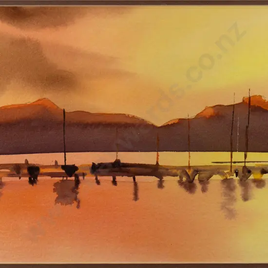 June Tyson - framed watercolour "Lyttleton Harbour" H-200 W-370