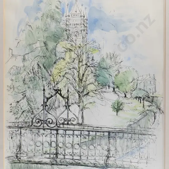 Shona McFarlane - framed ink & watercolour - university clock tower - H-400 W-300