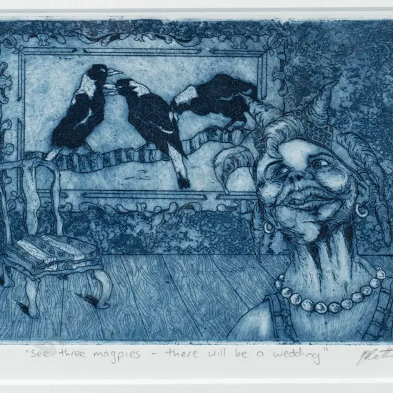 illegible signature - framed etching 1/10 "See three magpies - there will be a wedding" H-110 W-175