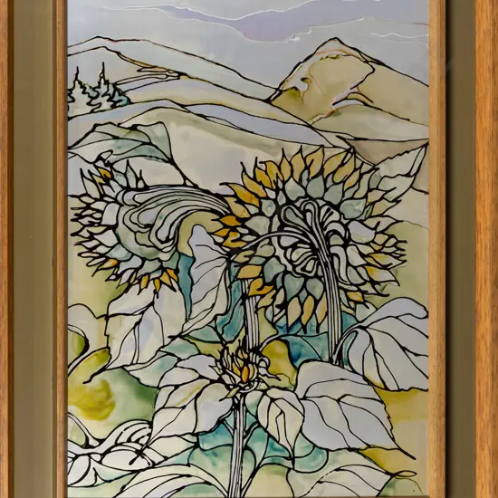 Rita Blakely - framed mixed media on aluminium - "Looking at Mt Beetham" H-520 W-380