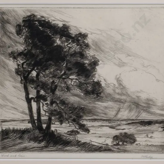 M Rudge - framed etching  "Wood and Rain" H-150 W-170
