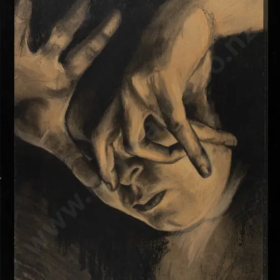 J Robertson '10 -framed mixed media - portrait with hands H-550 W-350