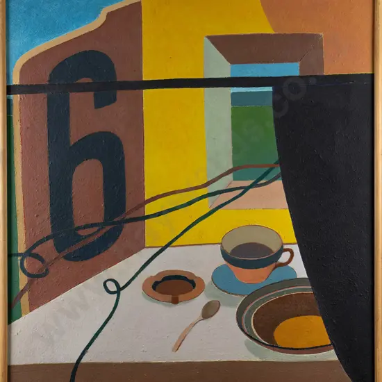 Eion Stevens 1981 - framed oil on canvas "The Interrupted dinner" H-530 W-500