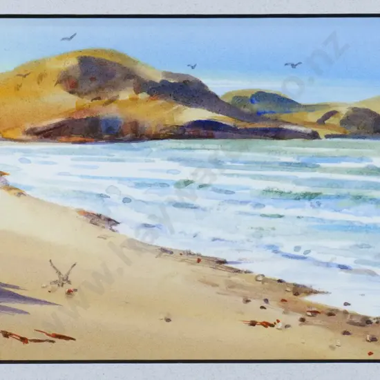 John Brassell - framed watercolour "Katiki Beach Near Moeraki" H-100 W-210