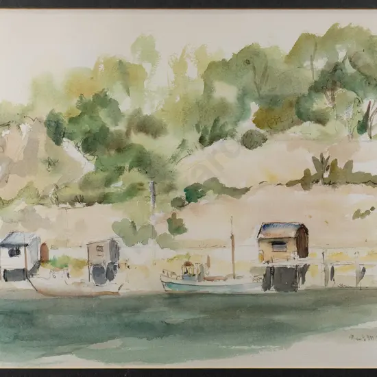 Nanette McMillan - framed watercolour - boatsheds H-260 W-350