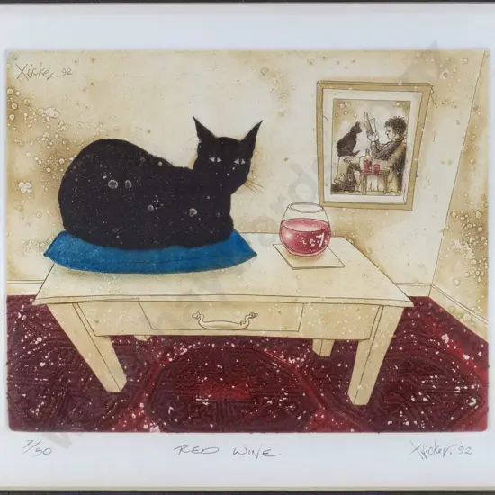 Gary Tricker - framed etching/aquatint 7/50 "Red Wine" H-150 W-200