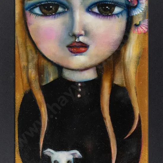 Suzy Platt '21 - framed oil - portrait of female with dog H-400 W-200