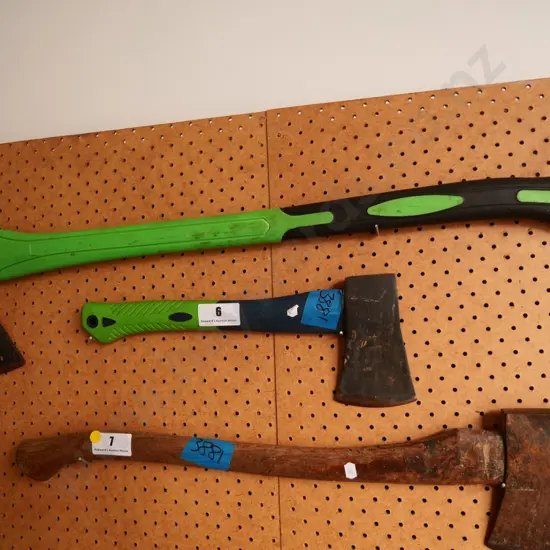 green plastic handled axe and hatchet