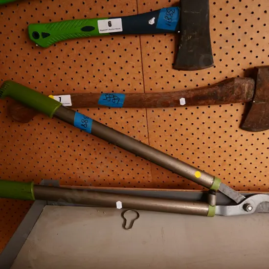 vintage axe and garden loppers - yellow dots