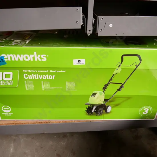 as-new boxed Greenworks 40V battery powered cultivator