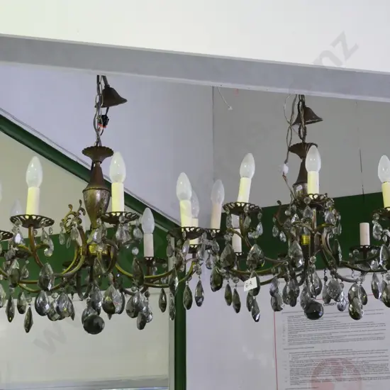 pair of brass and smoked glass lustre pendant light fittings