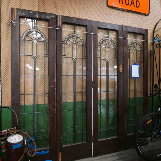 4x deco leadlight doors - 1 door has 2 broken panes. Total H-2.020m W-2.180m - come with locks and parliament hinges