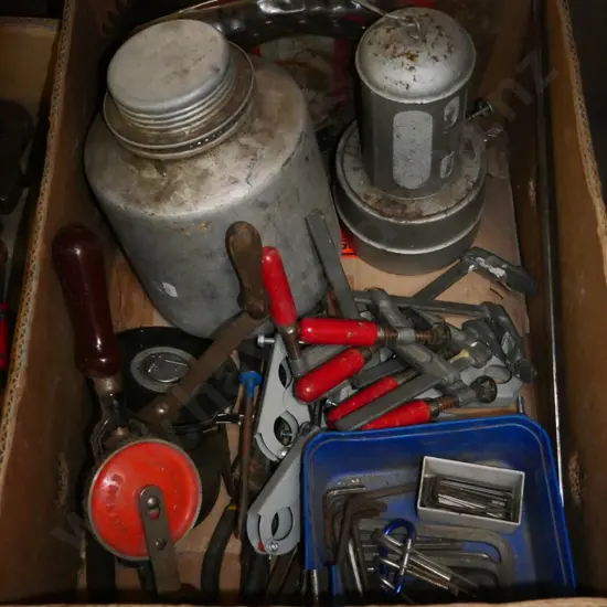 box; clamps, egg beater drill, alen key etc