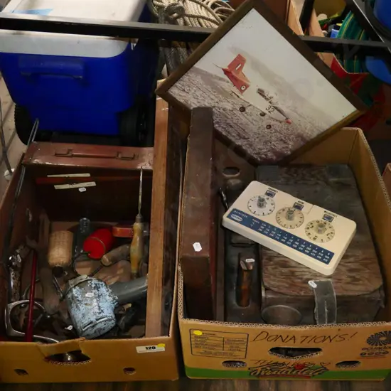 2 boxes; vintage drill, ammunition case, spirit level, aeroplane photograph etc