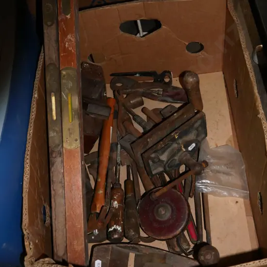 box; rusty pliers, vintage spirirt level, Record No. 50 woodworker's vice