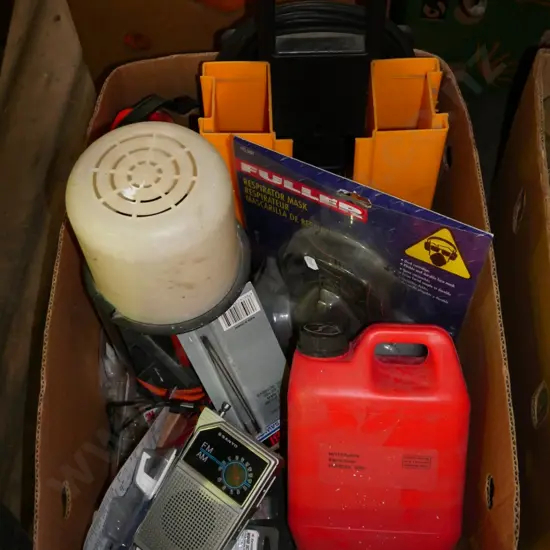 box; small fuel container, transistor radios, ear muffs etc