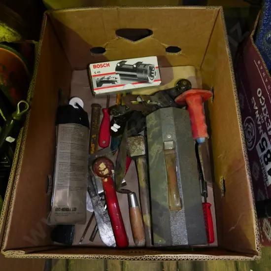 box; cold chisel, plane, drill sharpener etc