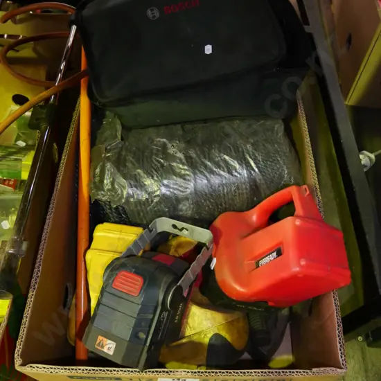 box of allsorts; rope, flame thrower, torches, Bosch drill battery etc