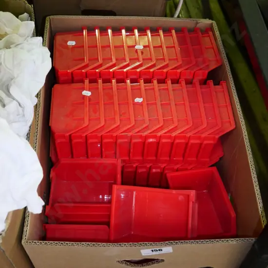 box of various plastic workshop storage containers