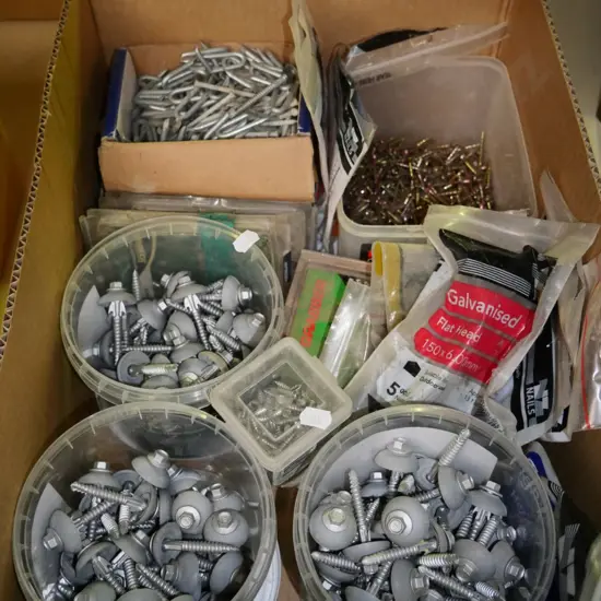box of fasteners, fenching nails, gib screws etc