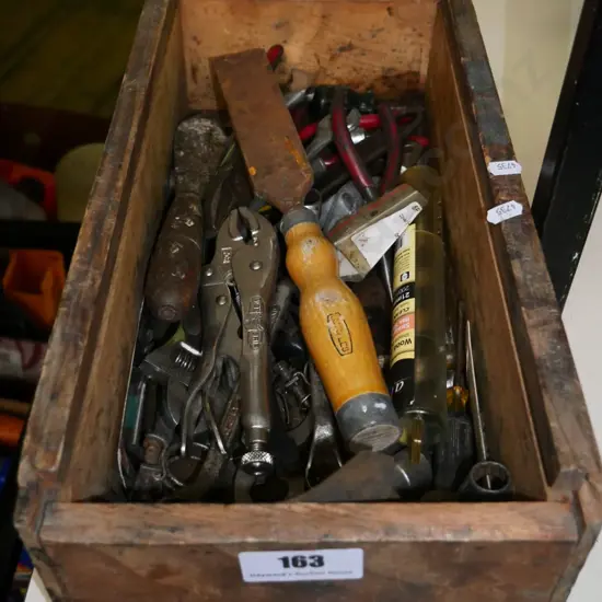 box; adjustable crescents, vice grips, builders chisel etc