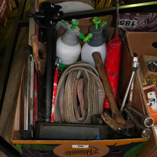 box; tripod, garden sprayers, hammer, saws etc