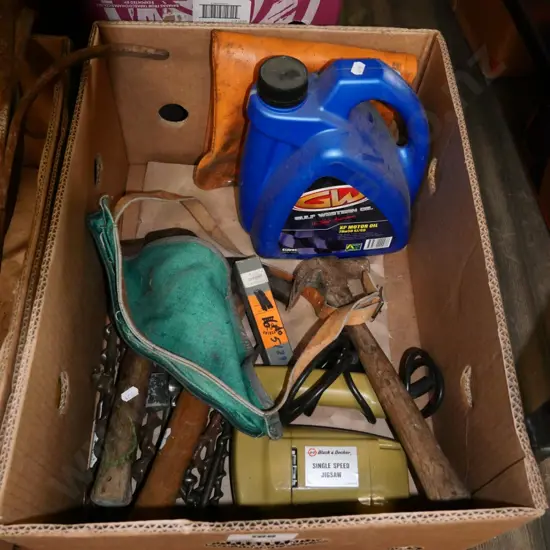 box; auger bits, hammers, motor oil etc
