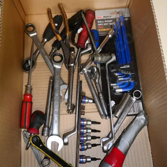 box; allen keys, ring spanners, screwdrivers etc