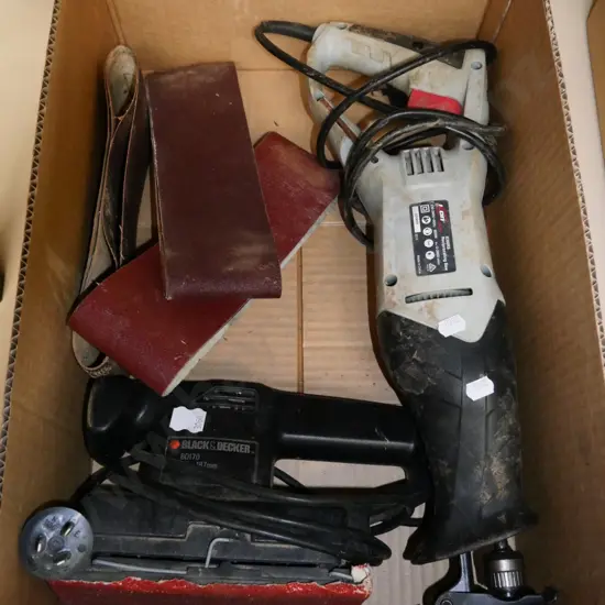 box; reciprocating saw, orbital sander, sand paper