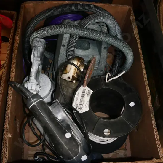 box; paint sprayer, angle grinder, orbital sander, roll of wire