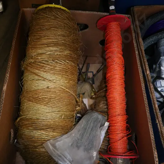 box; electric fence wire, bale twine, gardening tools etc
