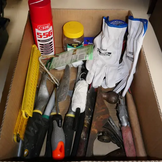 box; leather gloves, gardening tools, CRC etc