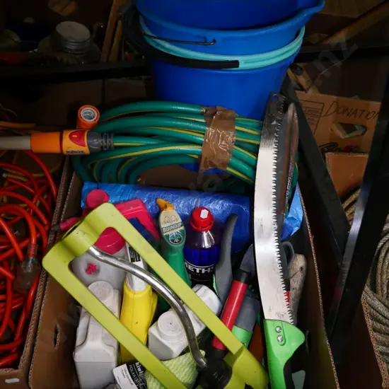 box; garden chemicals, hoses, buckets, sprinkler etc